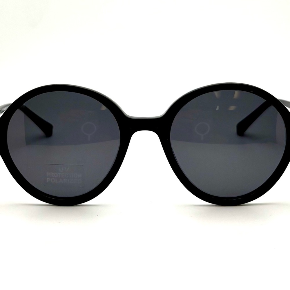 Round Black Acetate Sunglasses Gold Metal Accents, White Interior laminate - Picture 2 of 9